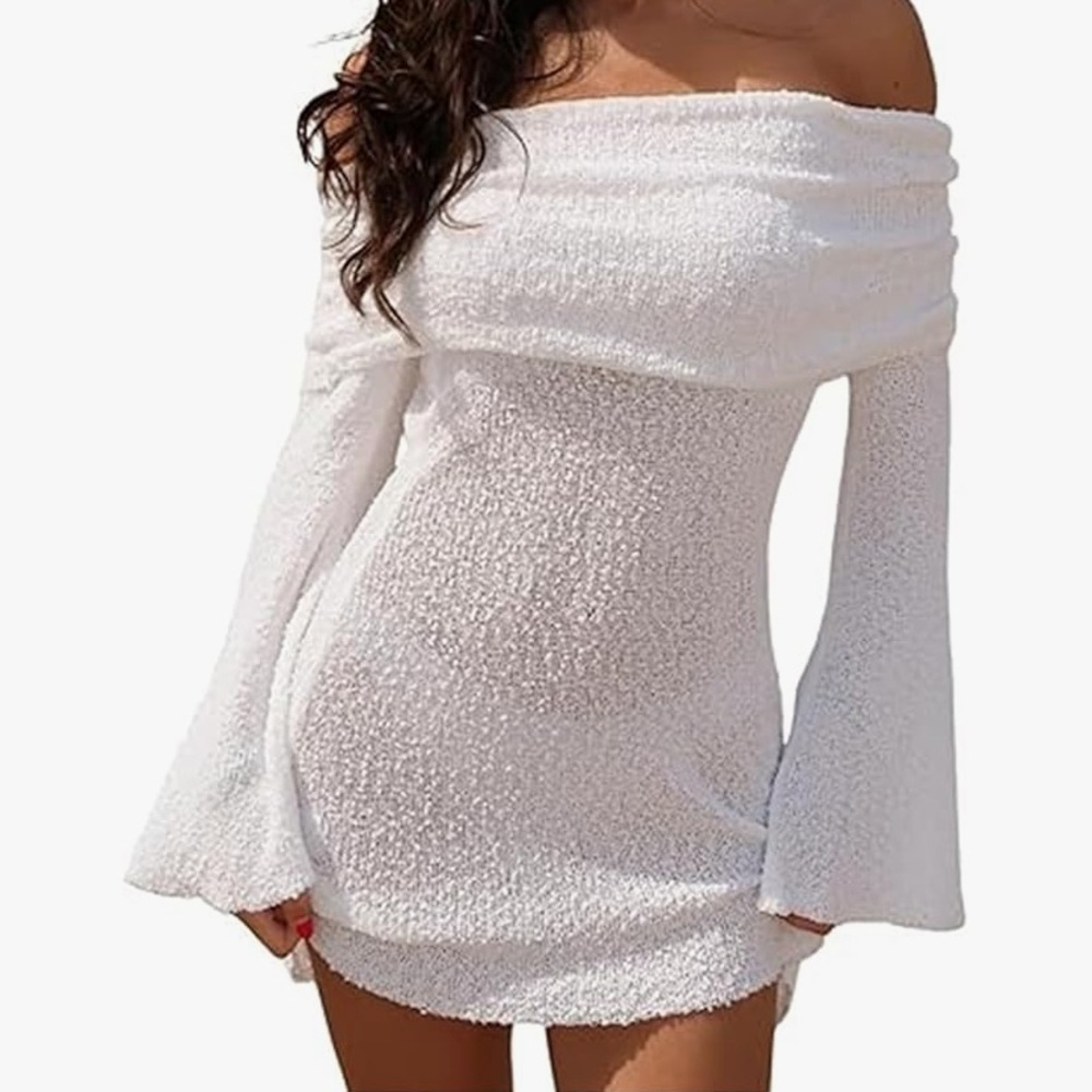 White Knit Off Shoulder Mini Dress